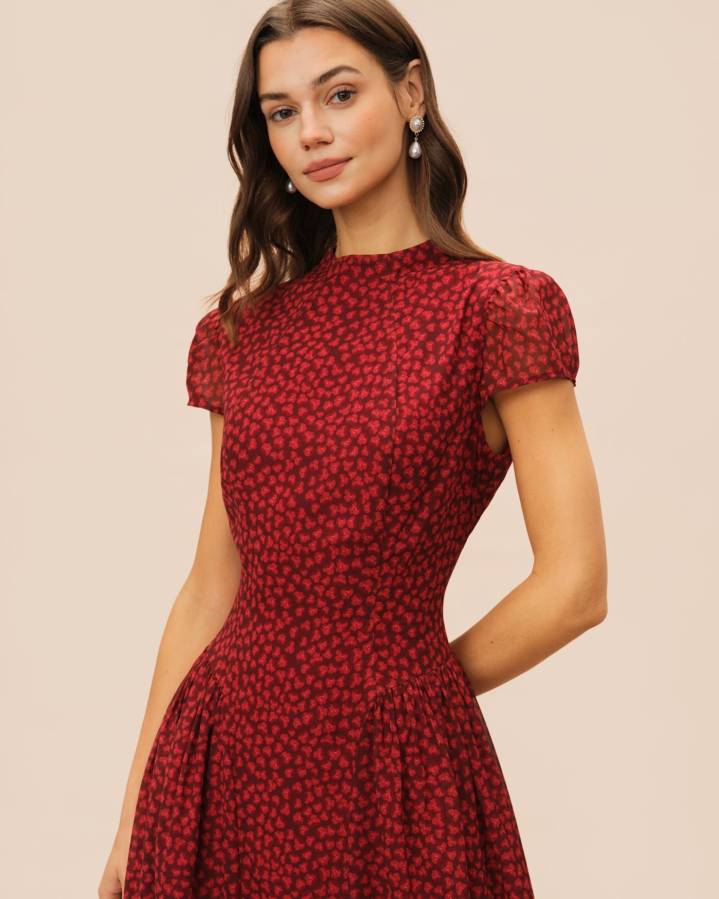 Red Cap Sleeve Floral Maxi Dress | Rihoas