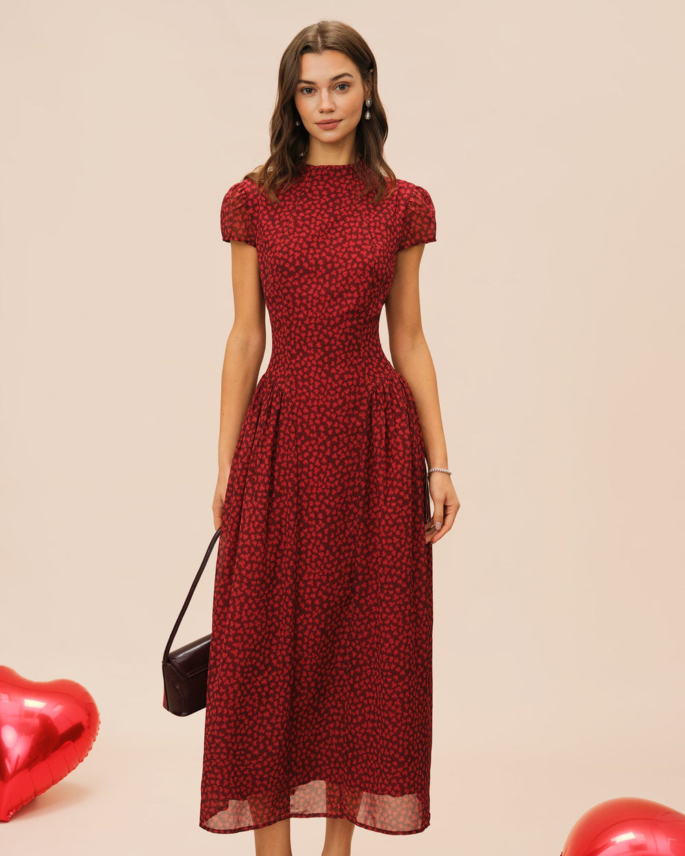 Red Cap Sleeve Floral Maxi Dress | Rihoas