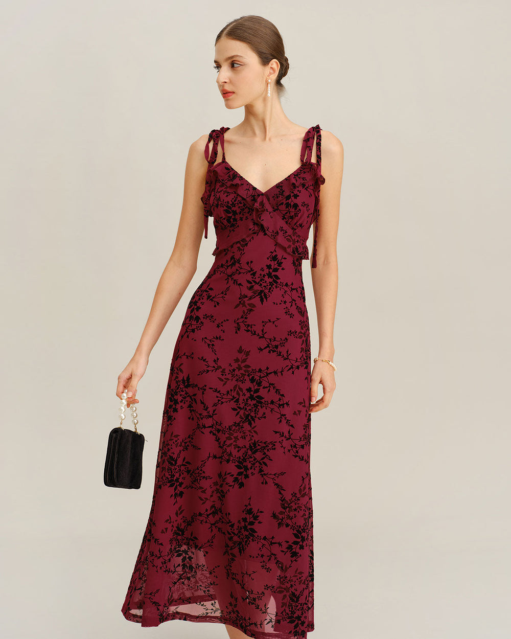 Red Floral Ruffle Slip Midi Dress | Rihoas