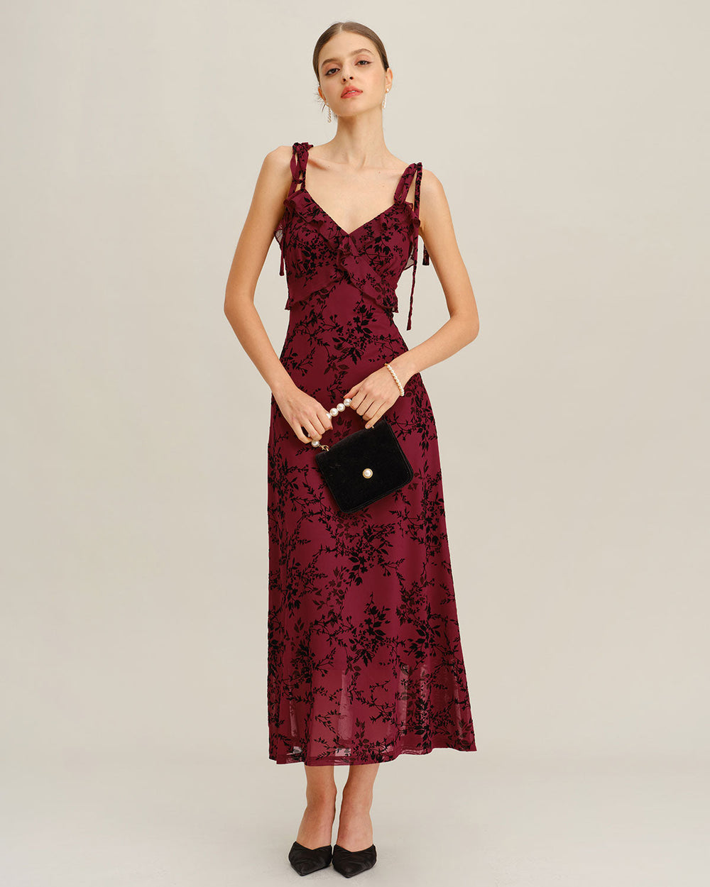Red Floral Ruffle Slip Midi Dress | Rihoas