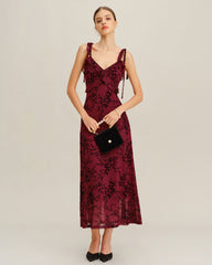 Red Floral Ruffle Slip Midi Dress | Rihoas