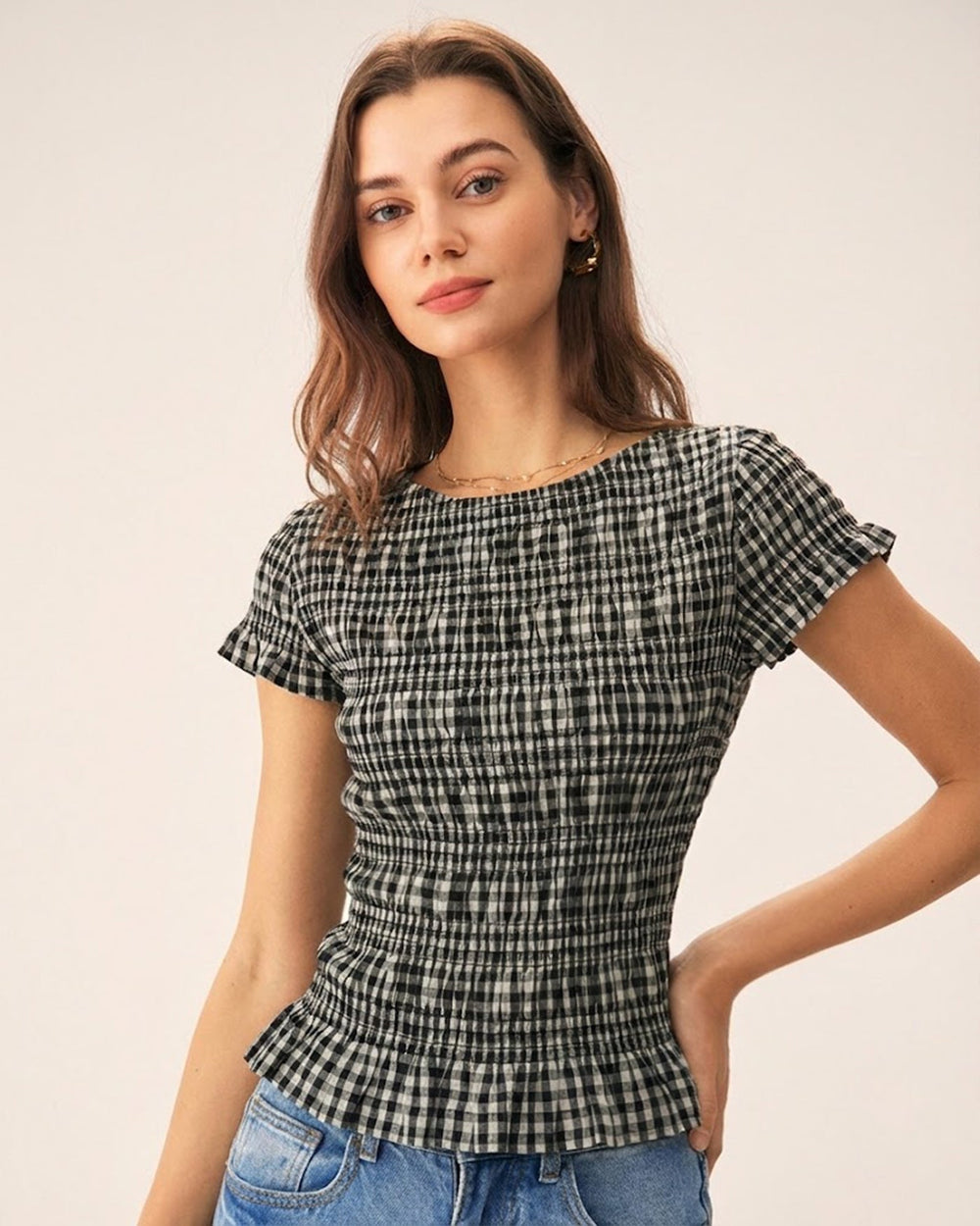 Black Boat Neck Shirred Plaid Tee | Rihoas