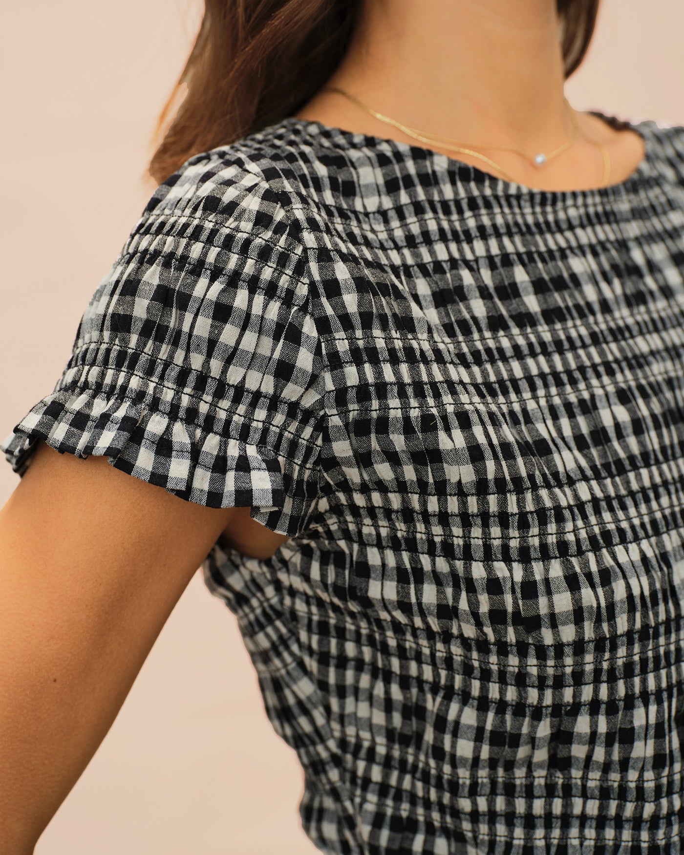 Black Boat Neck Shirred Plaid Tee | Rihoas