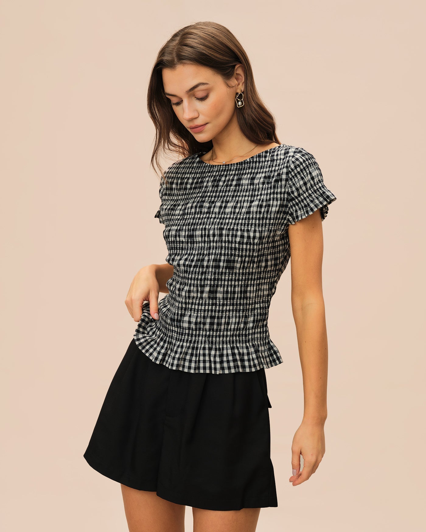 Black Boat Neck Shirred Plaid Tee | Rihoas