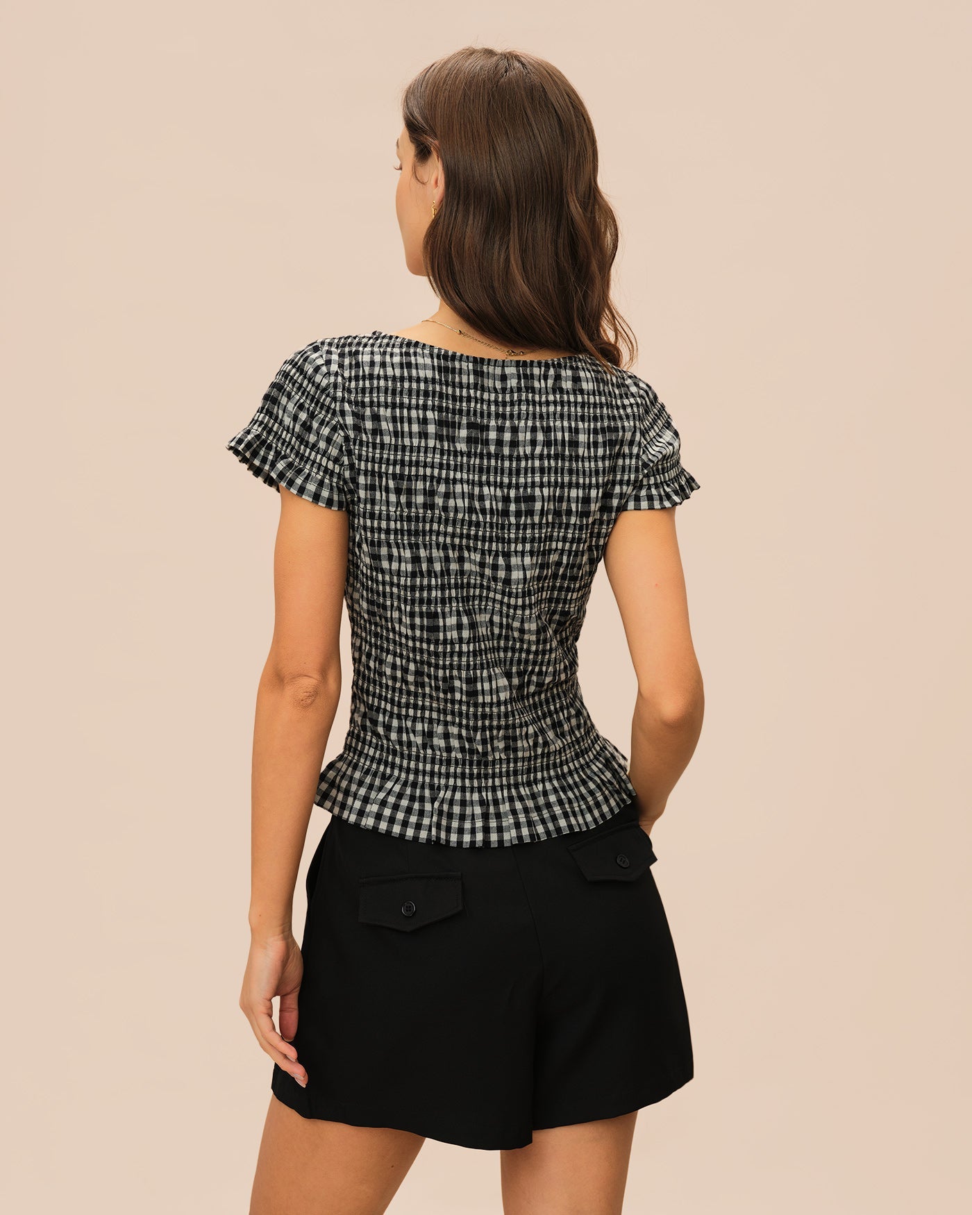 Black Boat Neck Shirred Plaid Tee | Rihoas