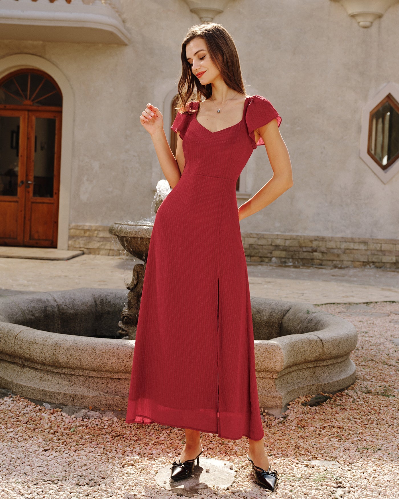 Red Sweetheart Neck Jacquard Maxi Dress | Rihoas
