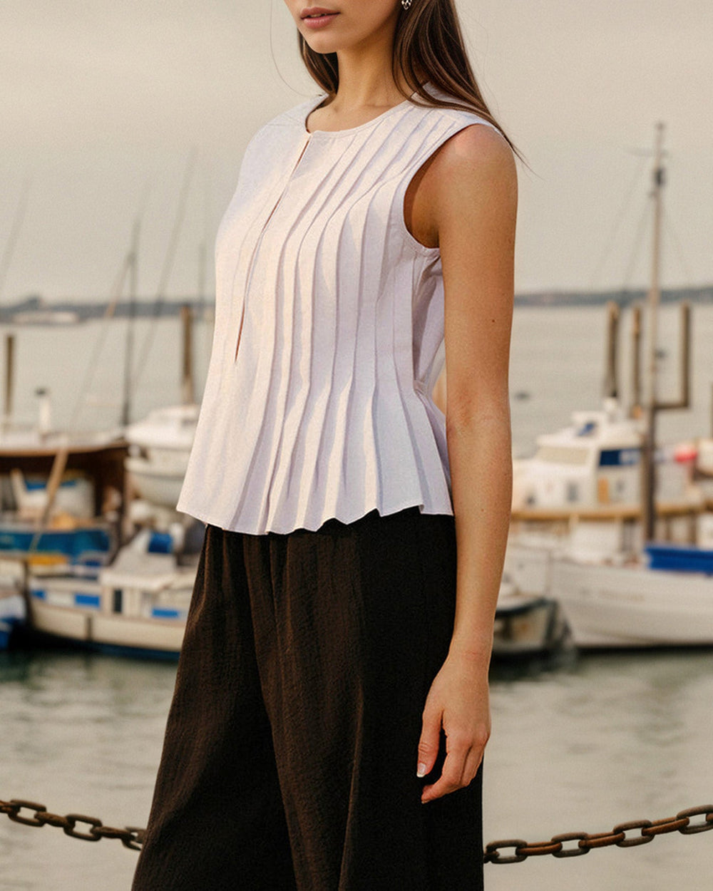 White Round Neck Ruched Tank | Rihoas