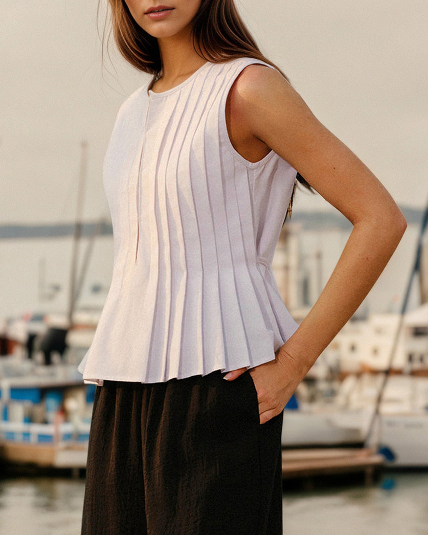 White Round Neck Ruched Tank | Rihoas