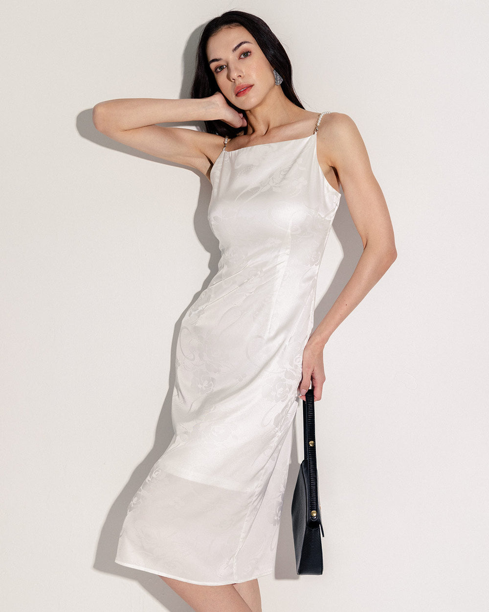 White Beaded Strap Slip Midi Dress | Rihoas