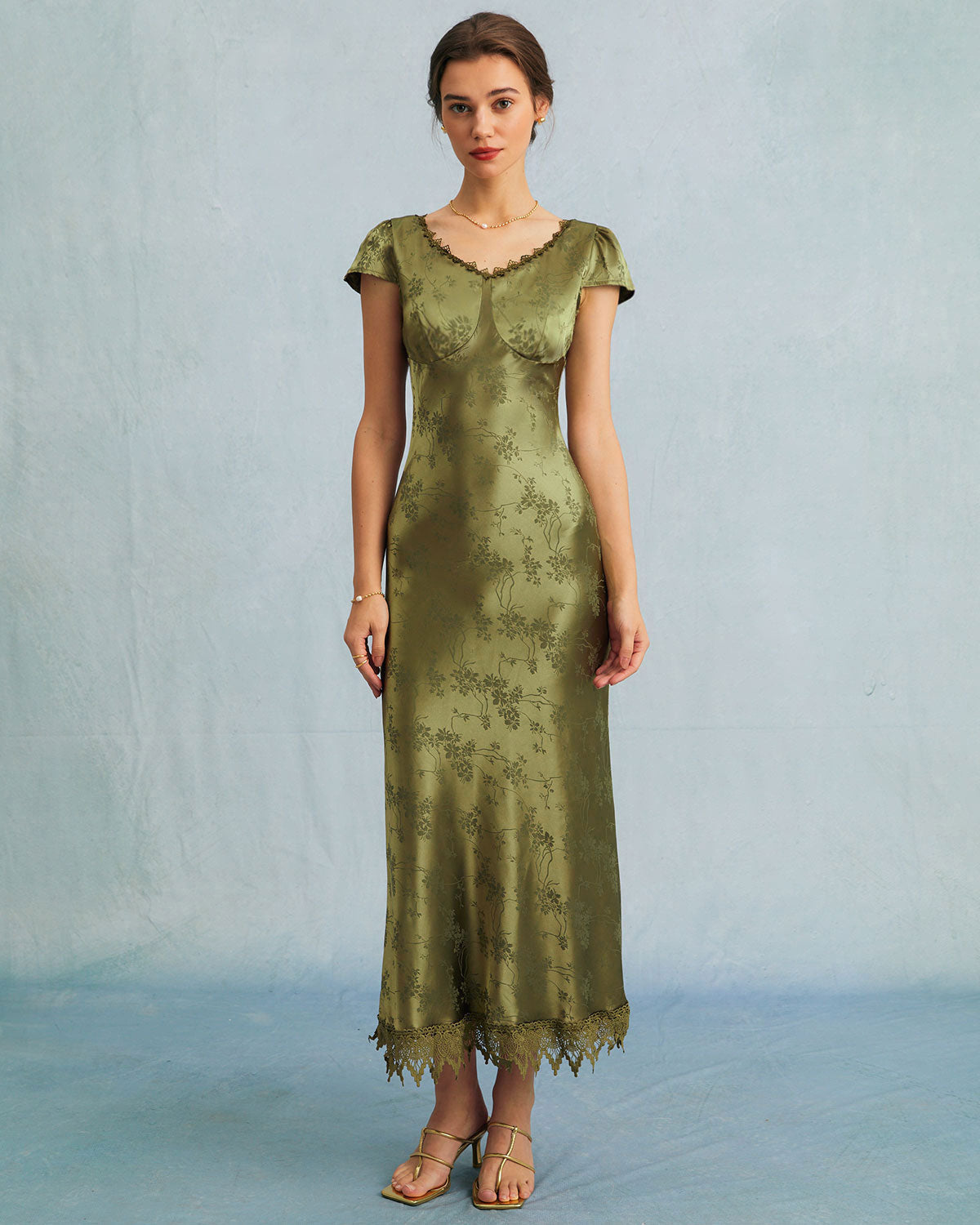 The Green Jacquard Cap Sleeve Satin Midi Dress | Rihoas