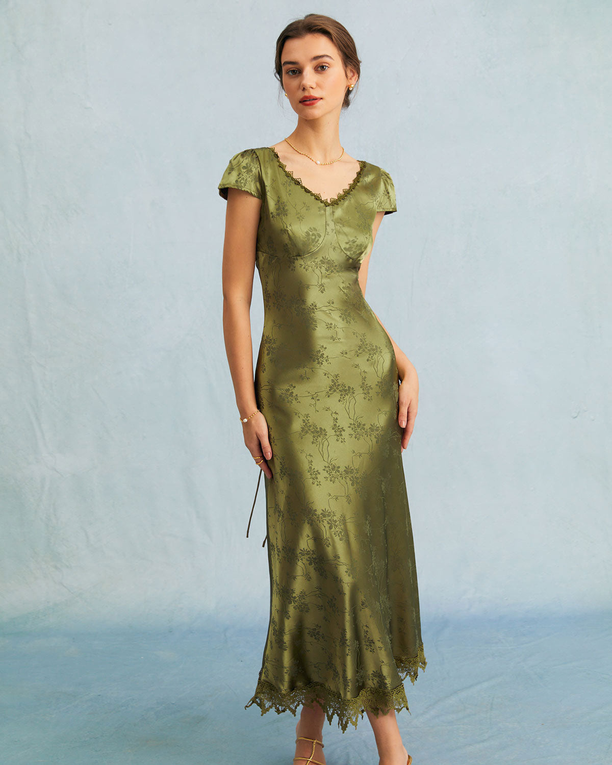 The Green Jacquard Cap Sleeve Satin Midi Dress | Rihoas