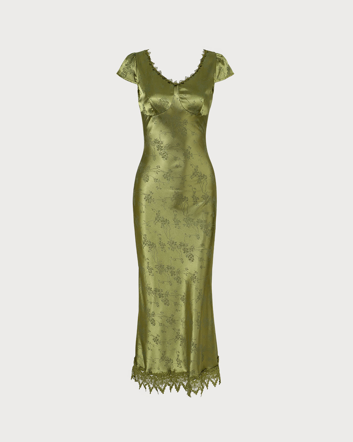 The Green Jacquard Cap Sleeve Satin Midi Dress | Rihoas