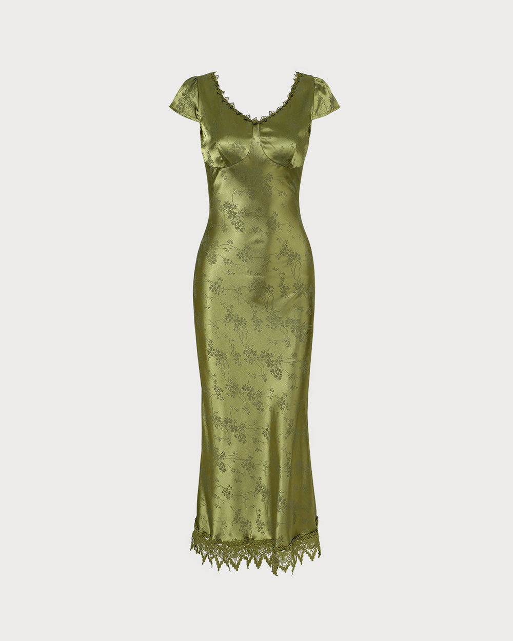 The Green Jacquard Cap Sleeve Satin Midi Dress | Rihoas