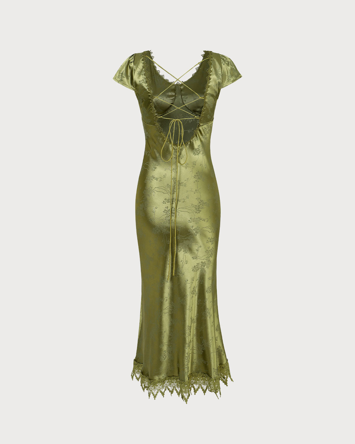 The Green Jacquard Cap Sleeve Satin Midi Dress | Rihoas