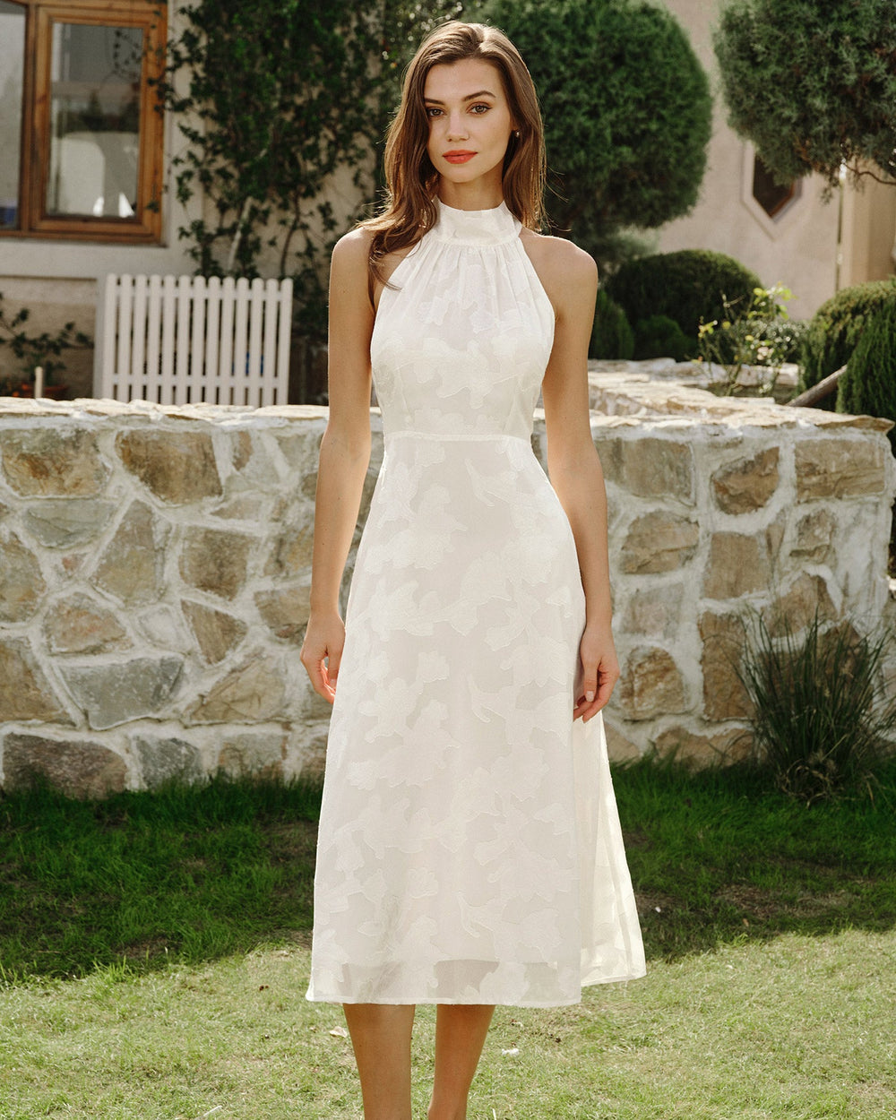 Beige Halter Floral Midi Dresses | Rihoas