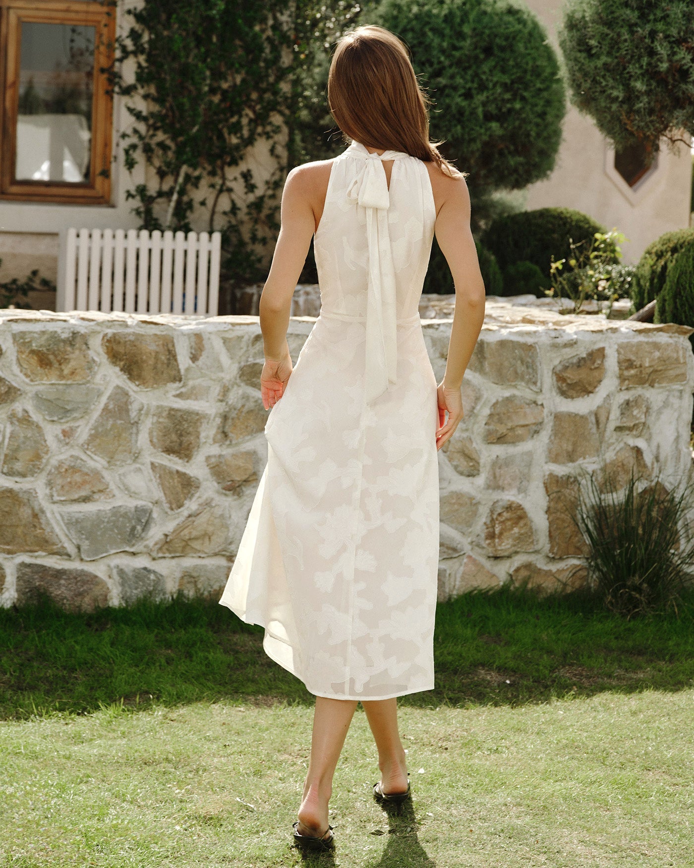 Beige Halter Floral Midi Dresses | Rihoas