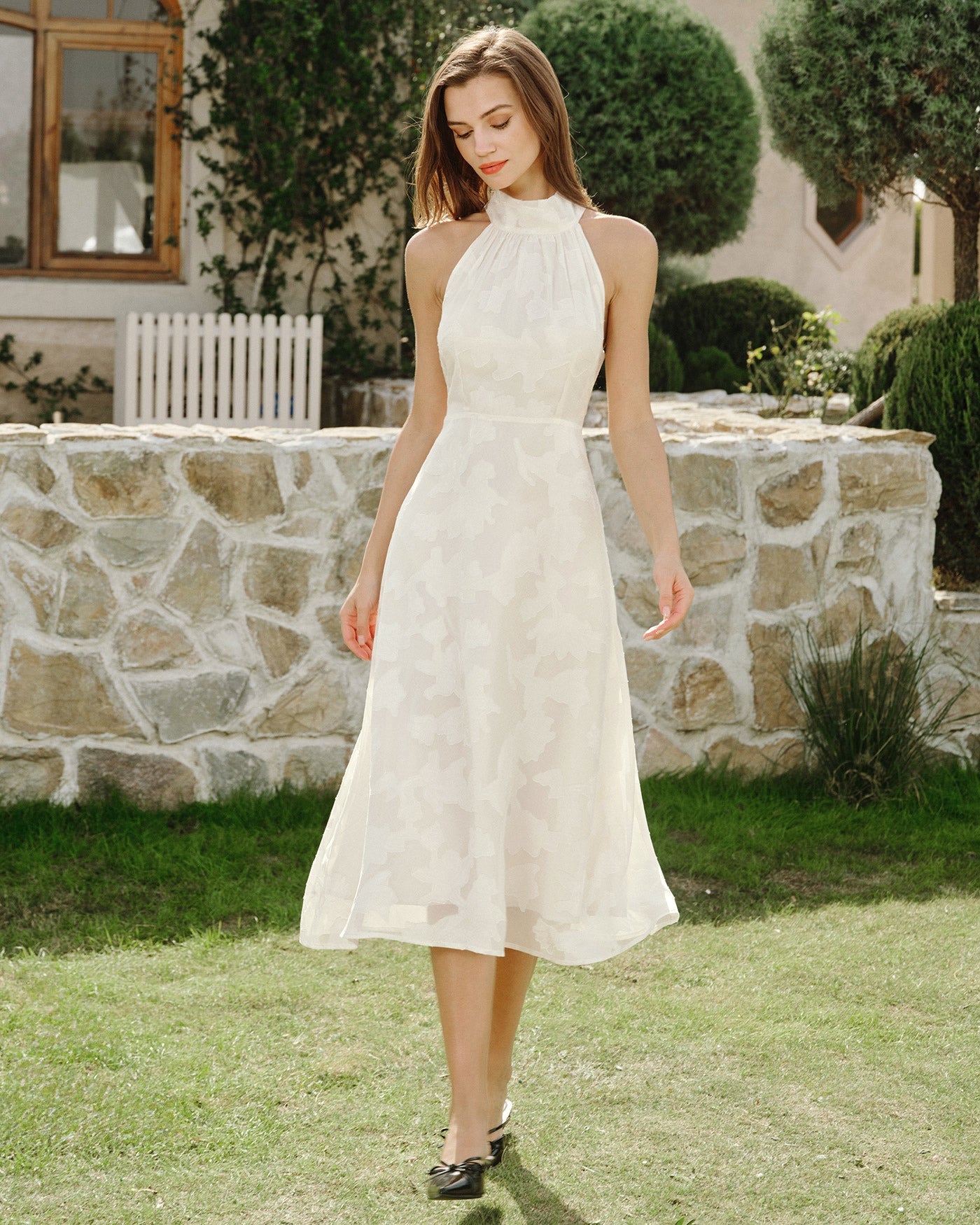 Beige Halter Floral Midi Dresses | Rihoas