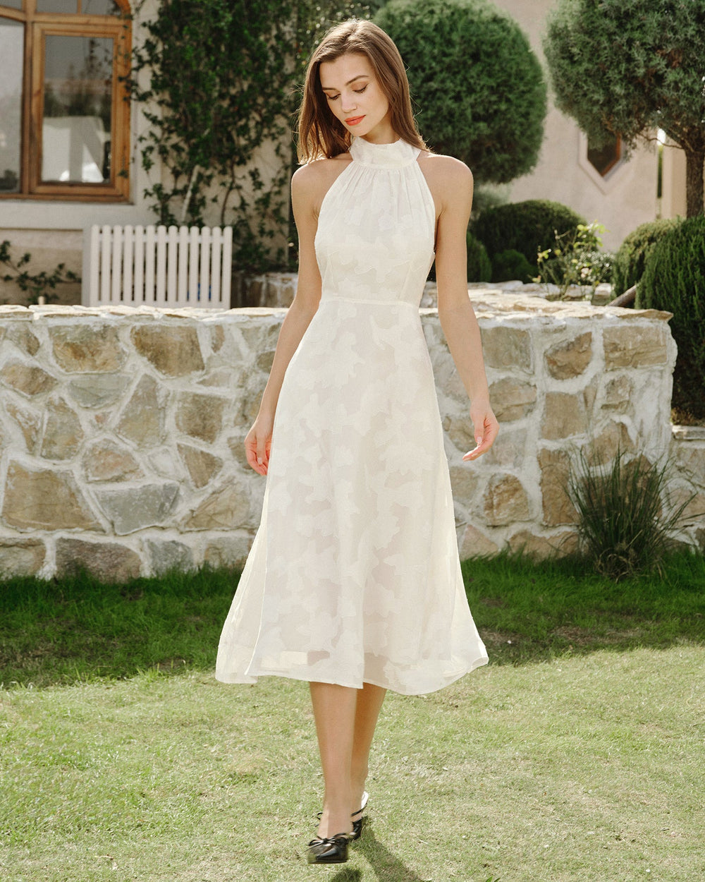 Beige Halter Floral Midi Dresses | Rihoas