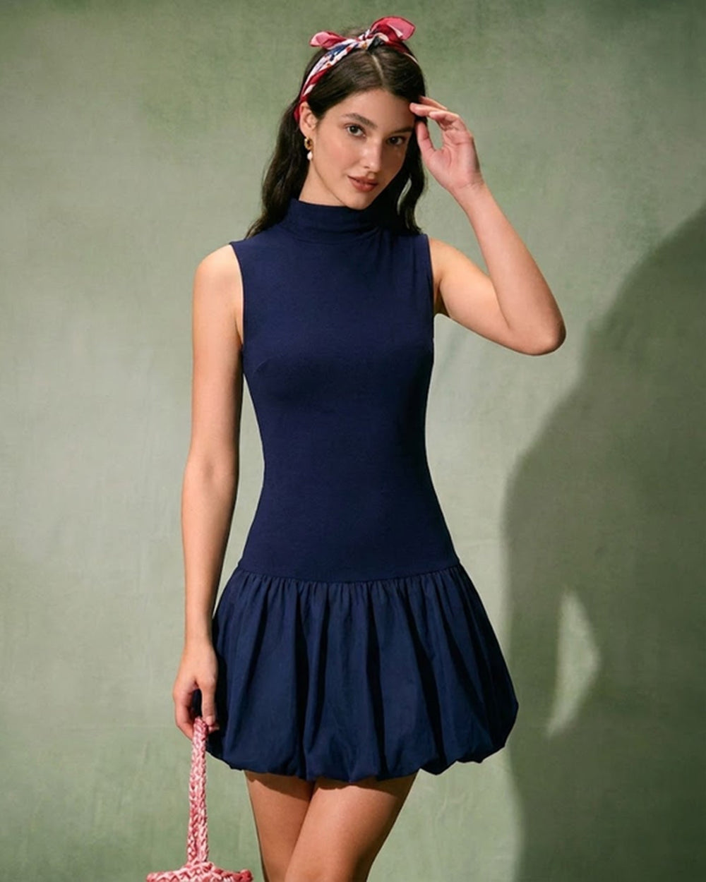 Navy Mock Neck Ruched Mini Dress | Rihoas