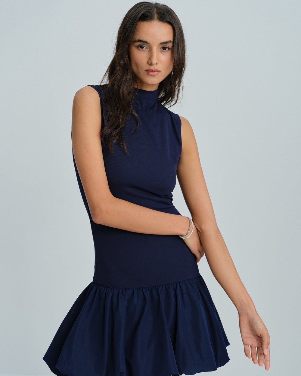 Navy Mock Neck Ruched Mini Dress | Rihoas