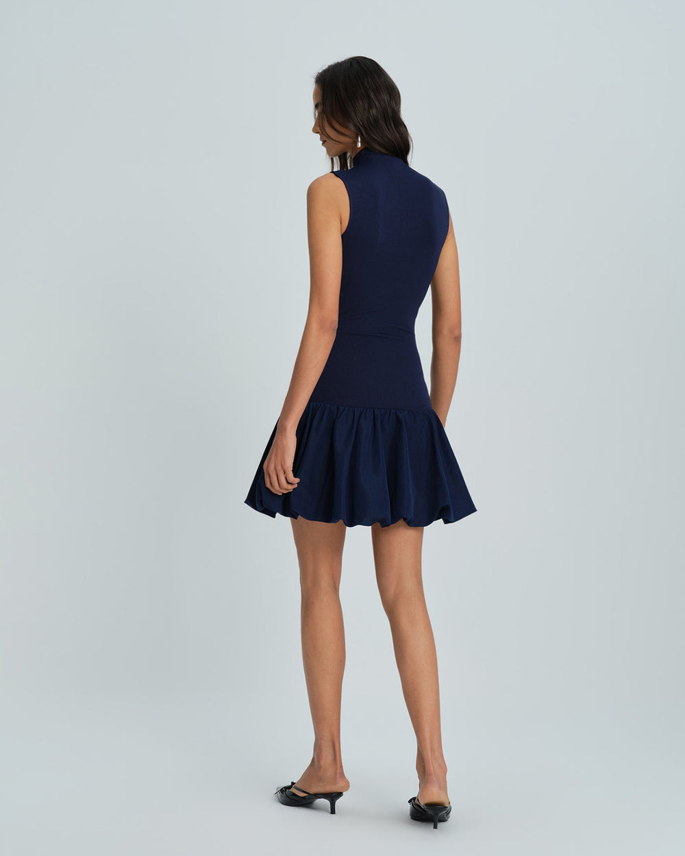 Navy Mock Neck Ruched Mini Dress | Rihoas