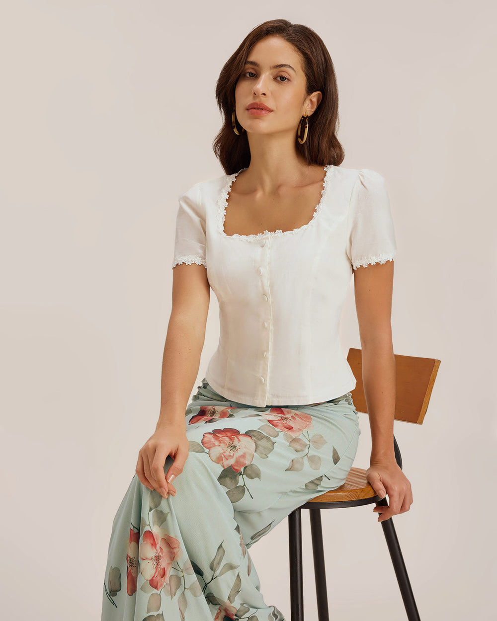 White Square Neck Button Lace Blouse | Rihoas