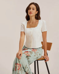 White Square Neck Button Lace Blouse | Rihoas