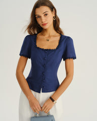 Navy Square Neck Button Blouse | Rihoas