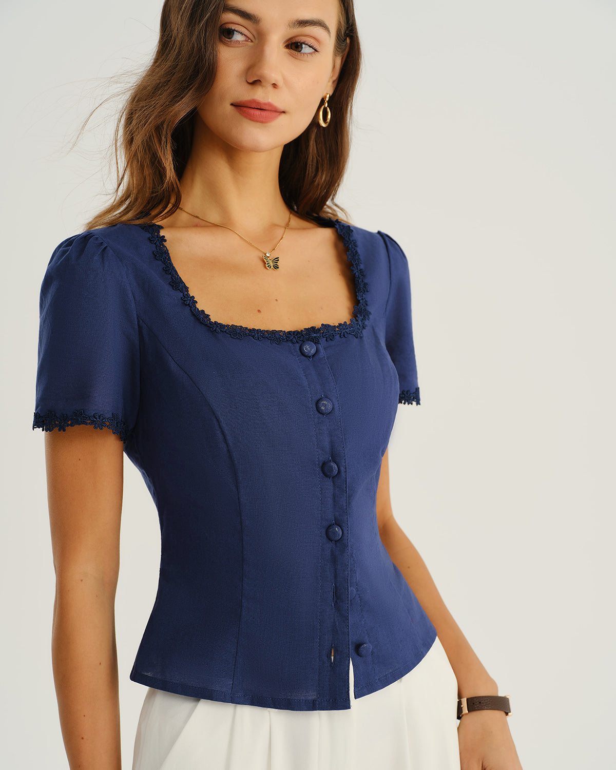 Navy Square Neck Button Blouse | Rihoas
