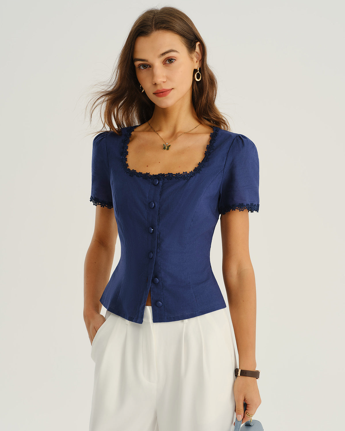 Navy Square Neck Button Blouse | Rihoas