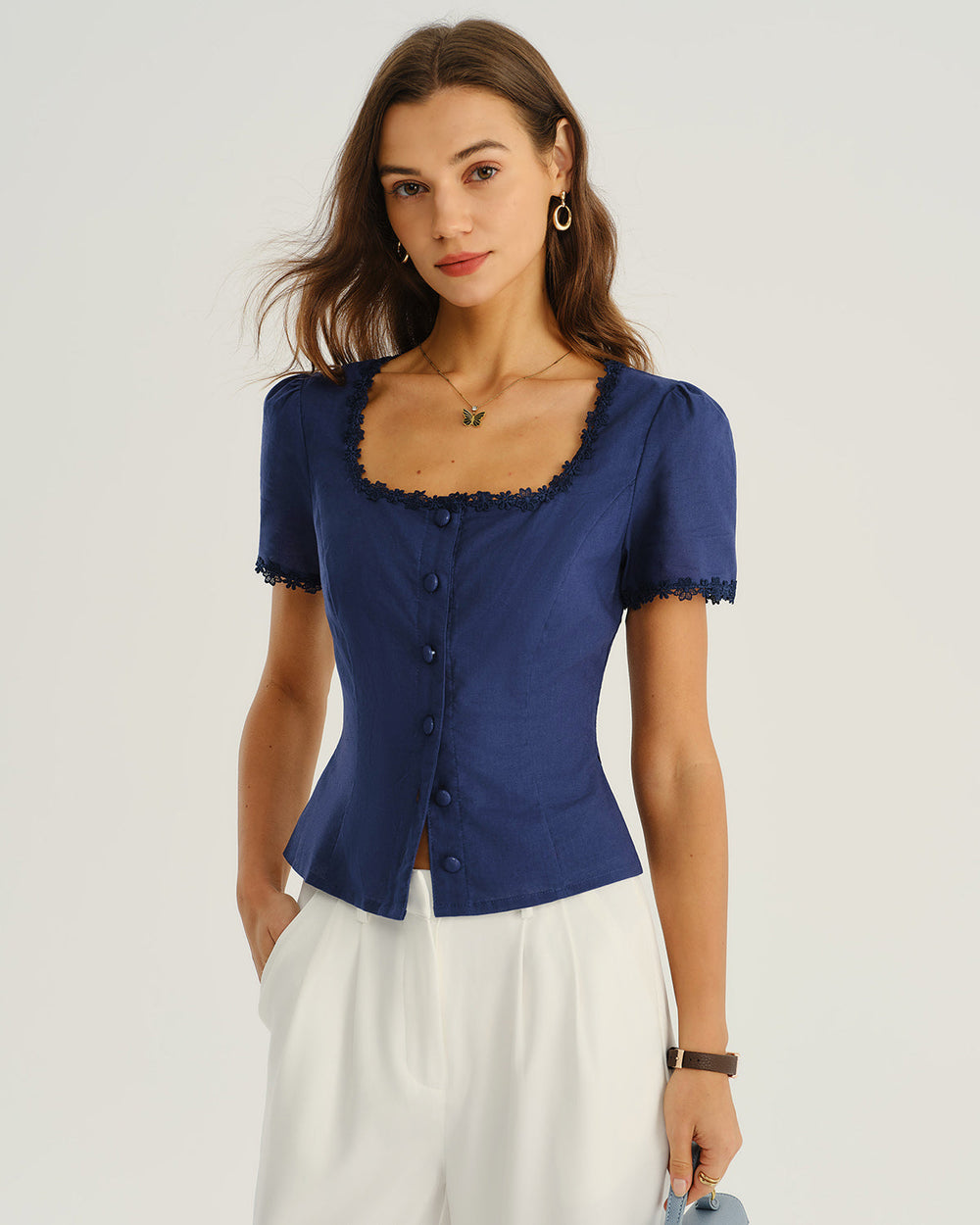 Navy Square Neck Button Blouse | Rihoas