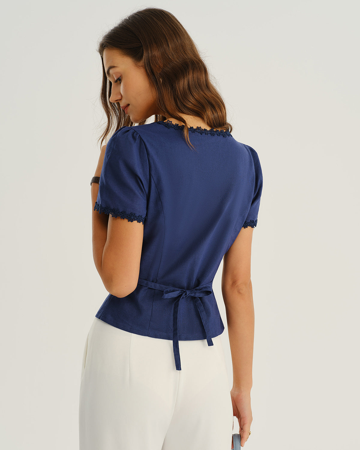 Navy Square Neck Button Blouse | Rihoas