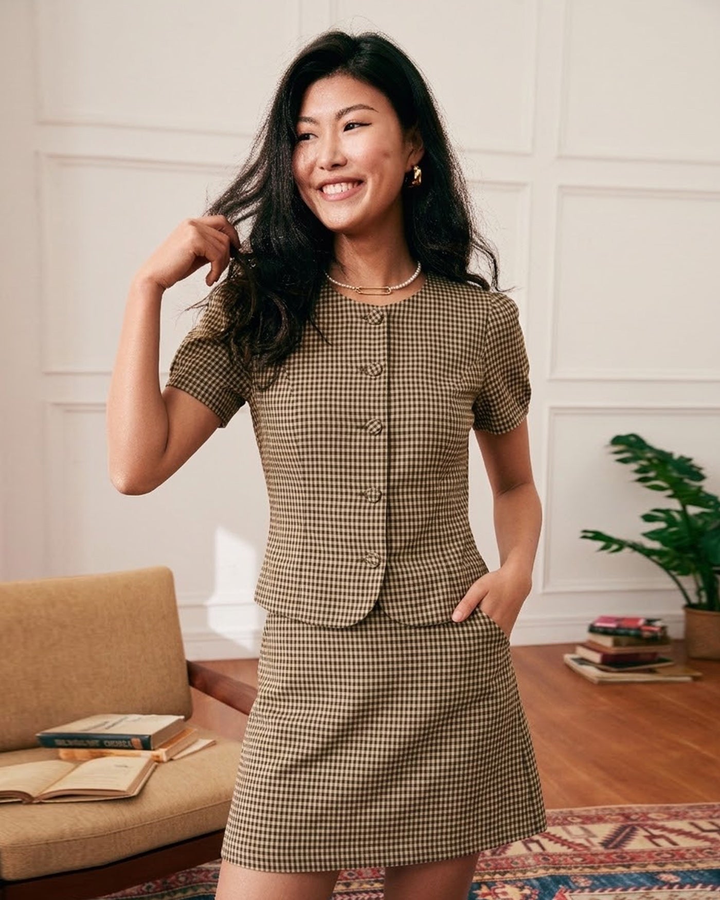 Brown Plaid Puffed Sleeve Blouse | Rihoas