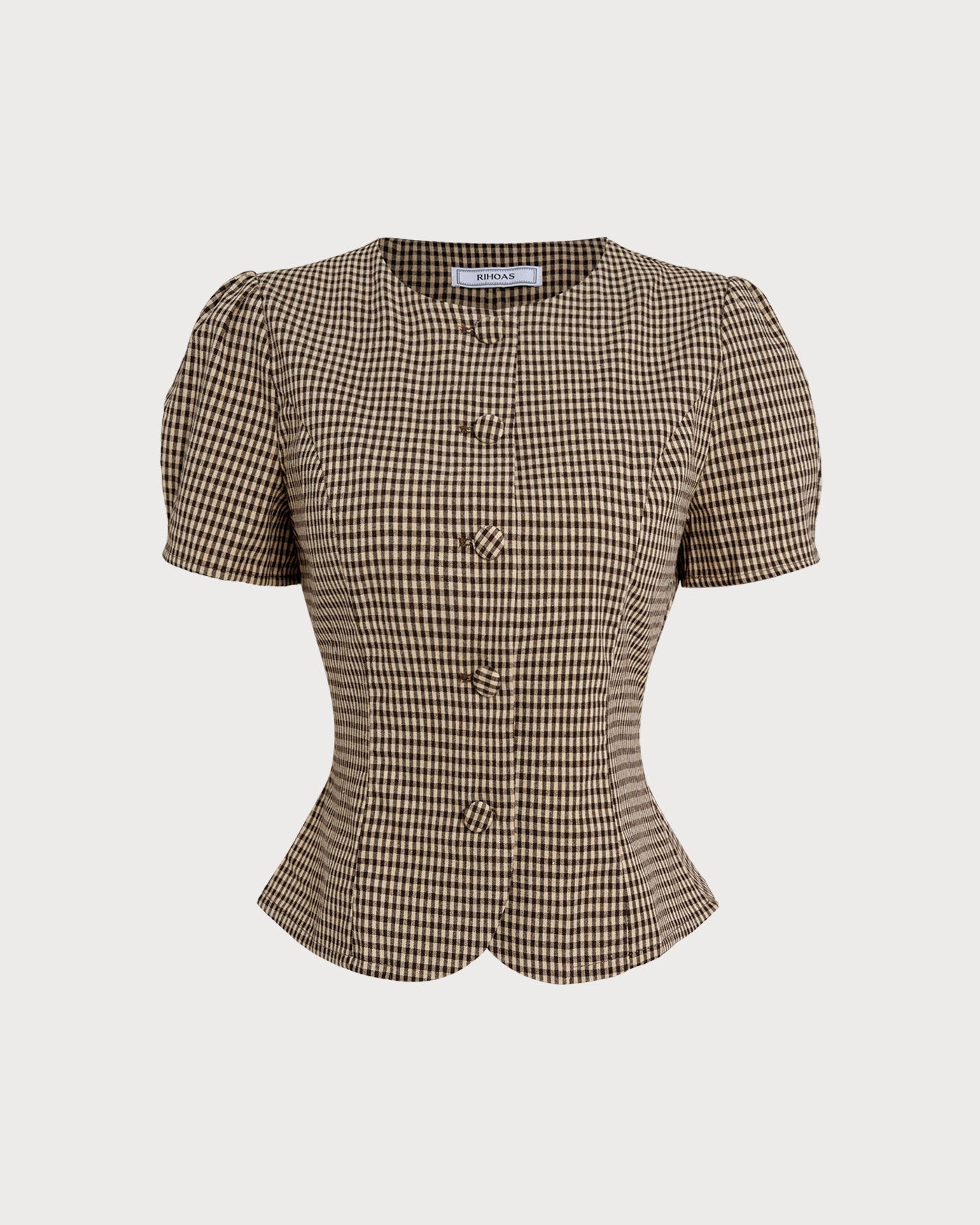 Brown Plaid Puffed Sleeve Blouse | Rihoas