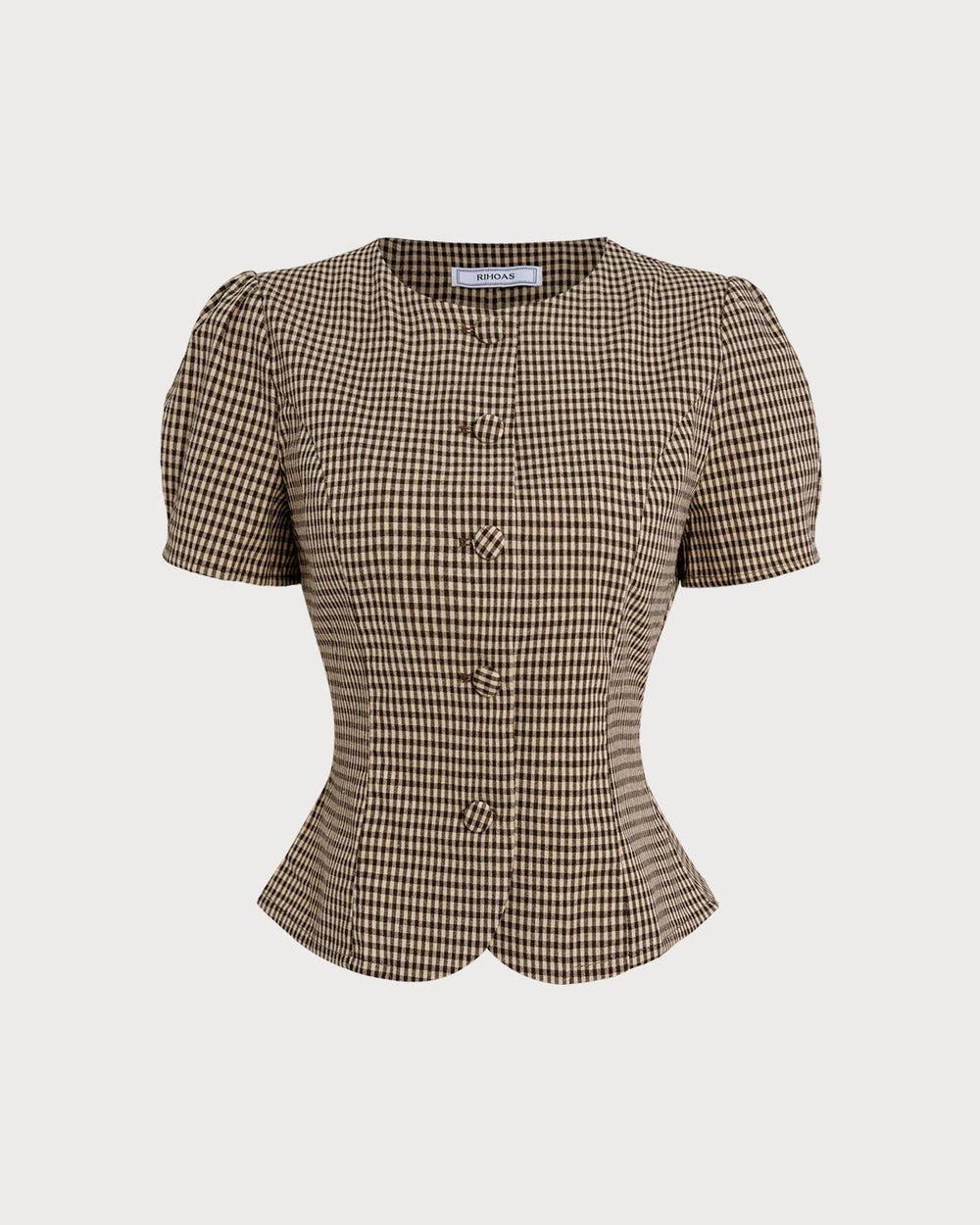 Brown Plaid Puffed Sleeve Blouse | Rihoas