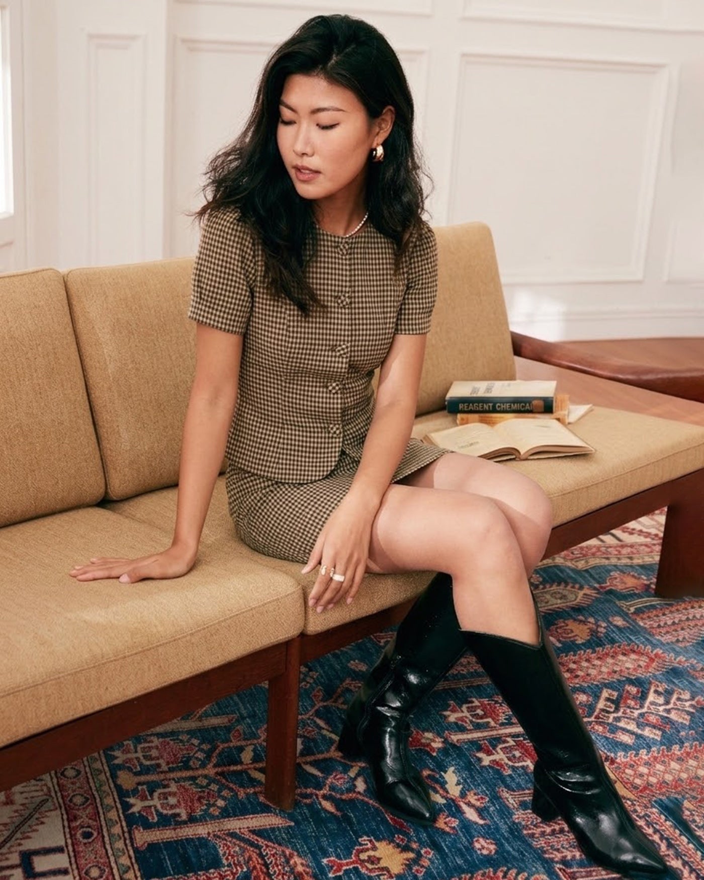 Brown Plaid Puffed Sleeve Blouse | Rihoas