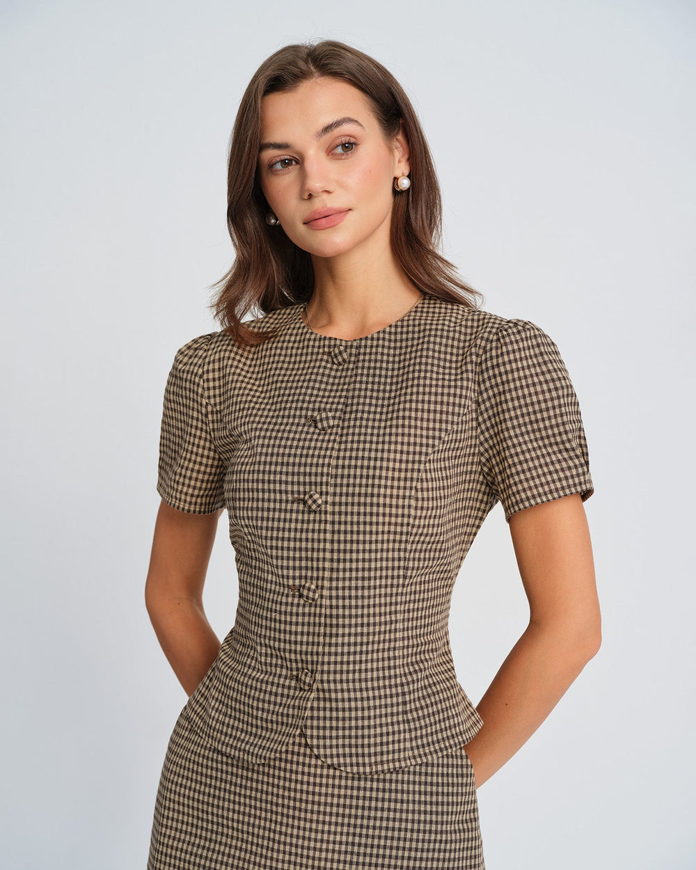 Brown Plaid Puffed Sleeve Blouse | Rihoas