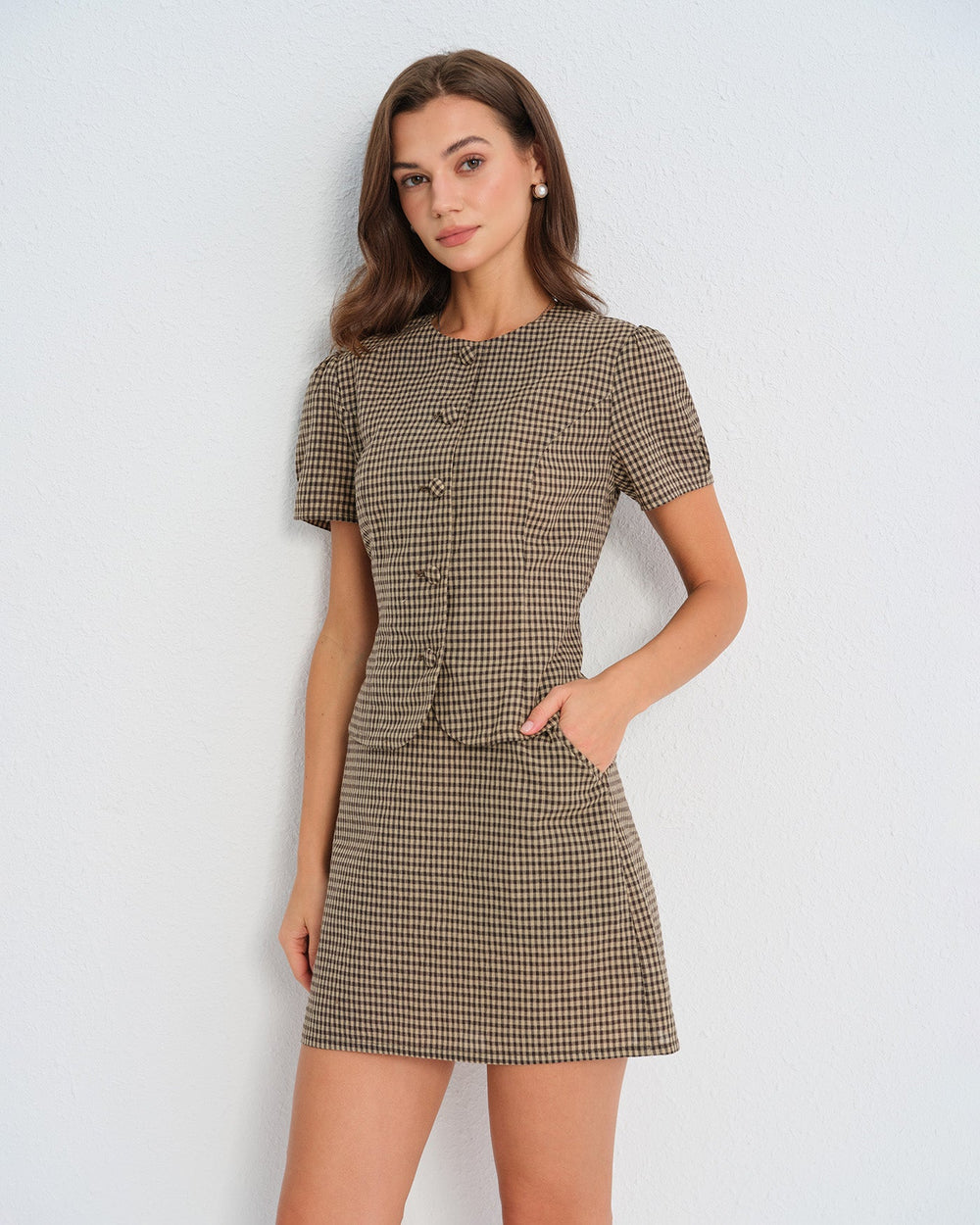 Brown Plaid Puffed Sleeve Blouse | Rihoas
