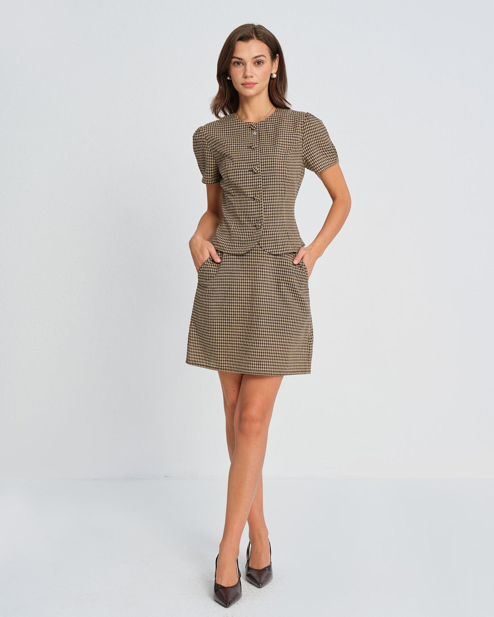 Brown Plaid Puffed Sleeve Blouse | Rihoas
