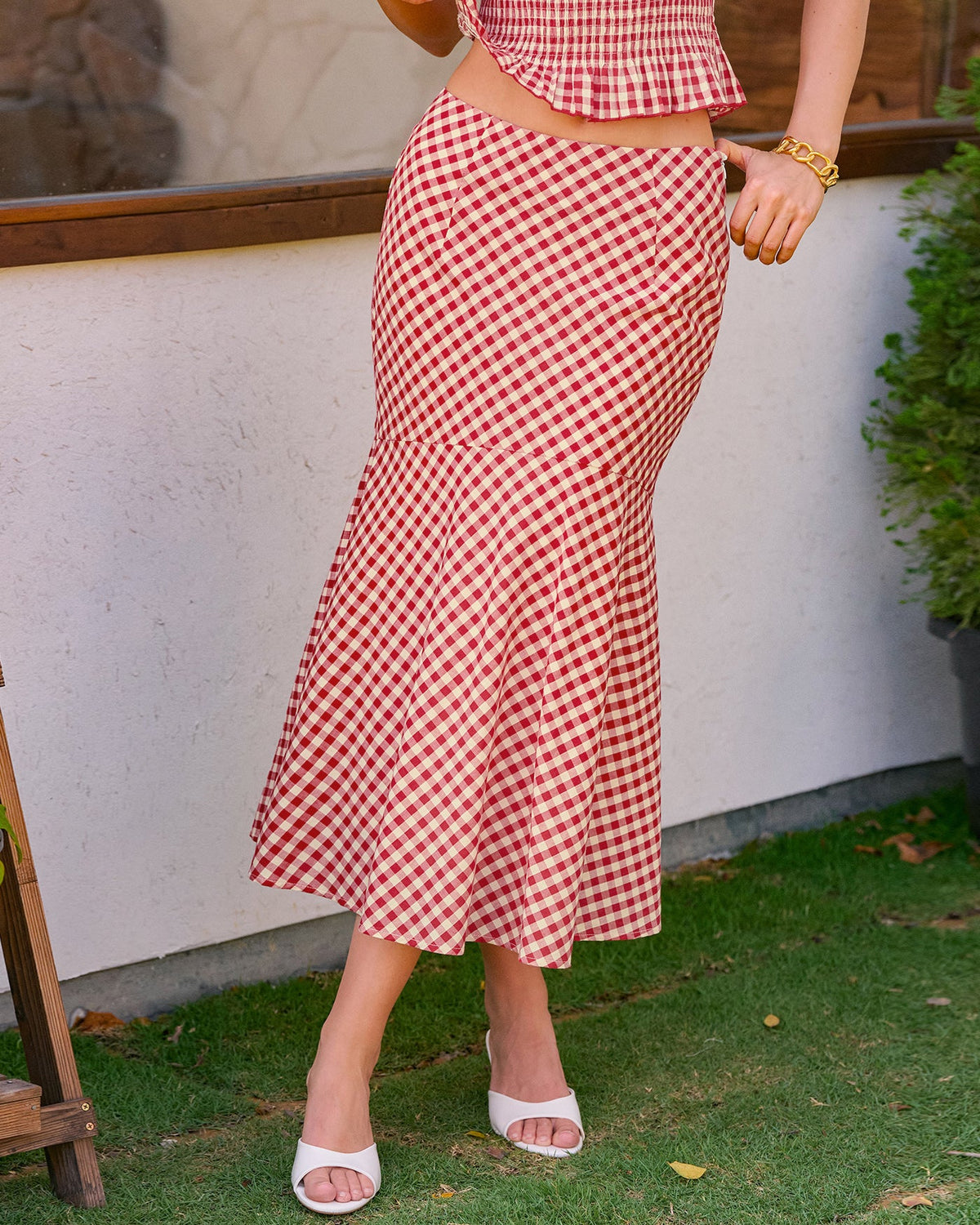 Red Plaid Mermaid Midi Skirt | Rihoas