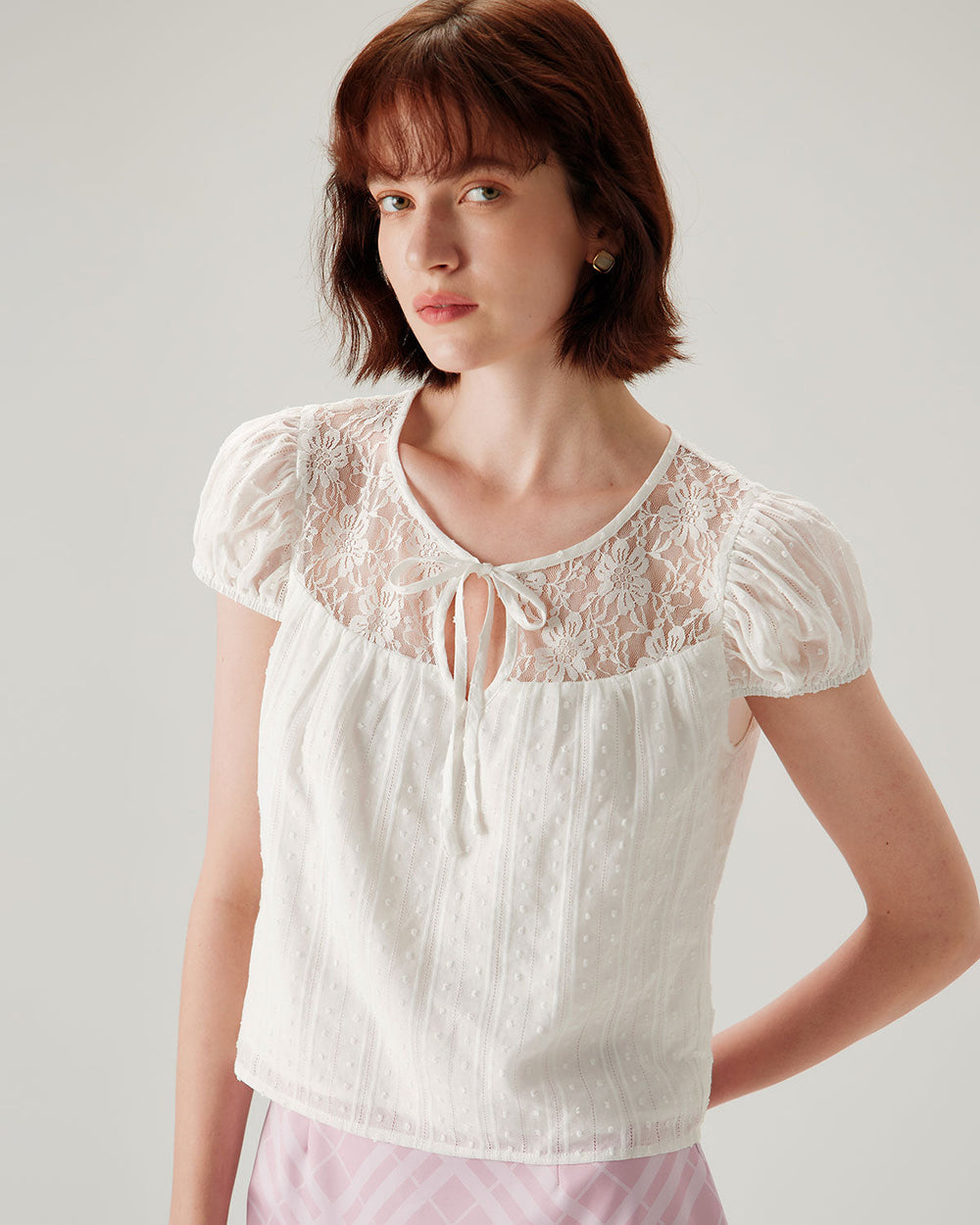White Lace Puffed Sleeve Tee | Rihoas