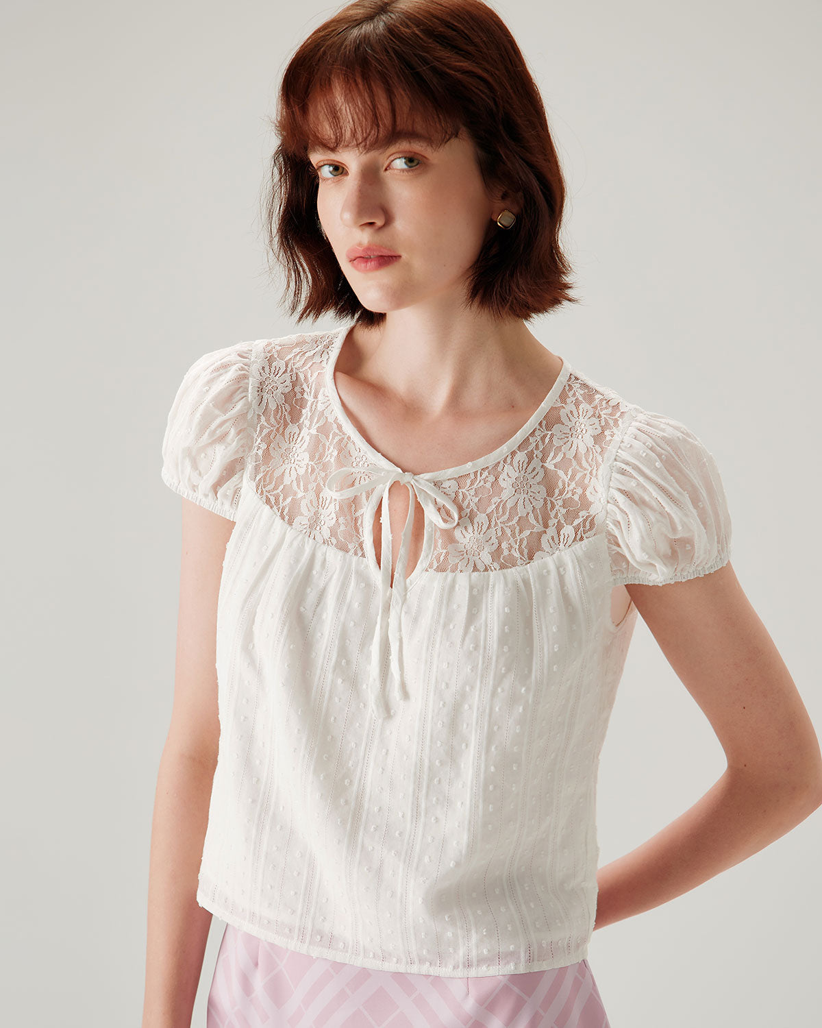 White Lace Puffed Sleeve Tee | Rihoas