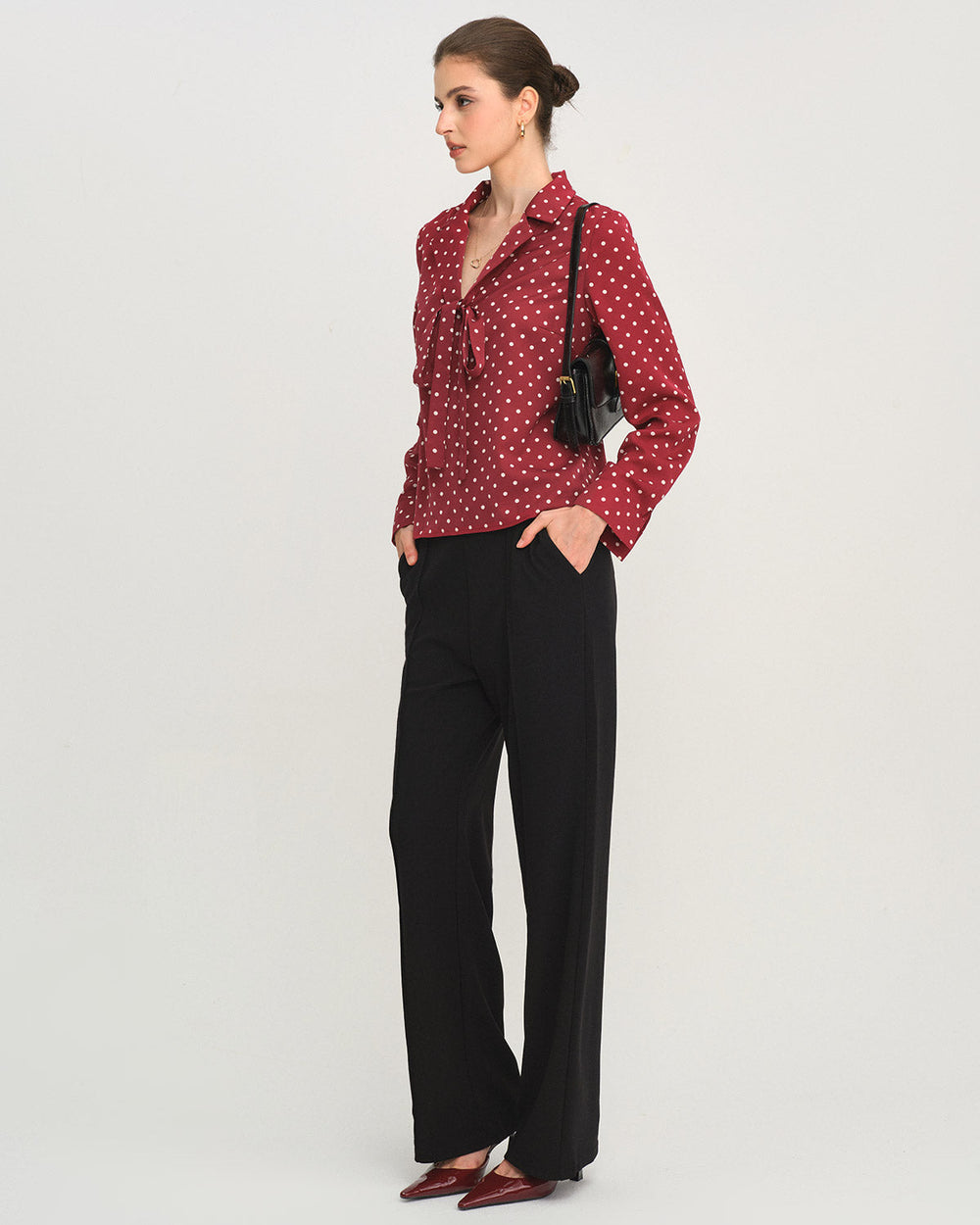 Red Polka Dot Tie Neck Shirt | Rihoas