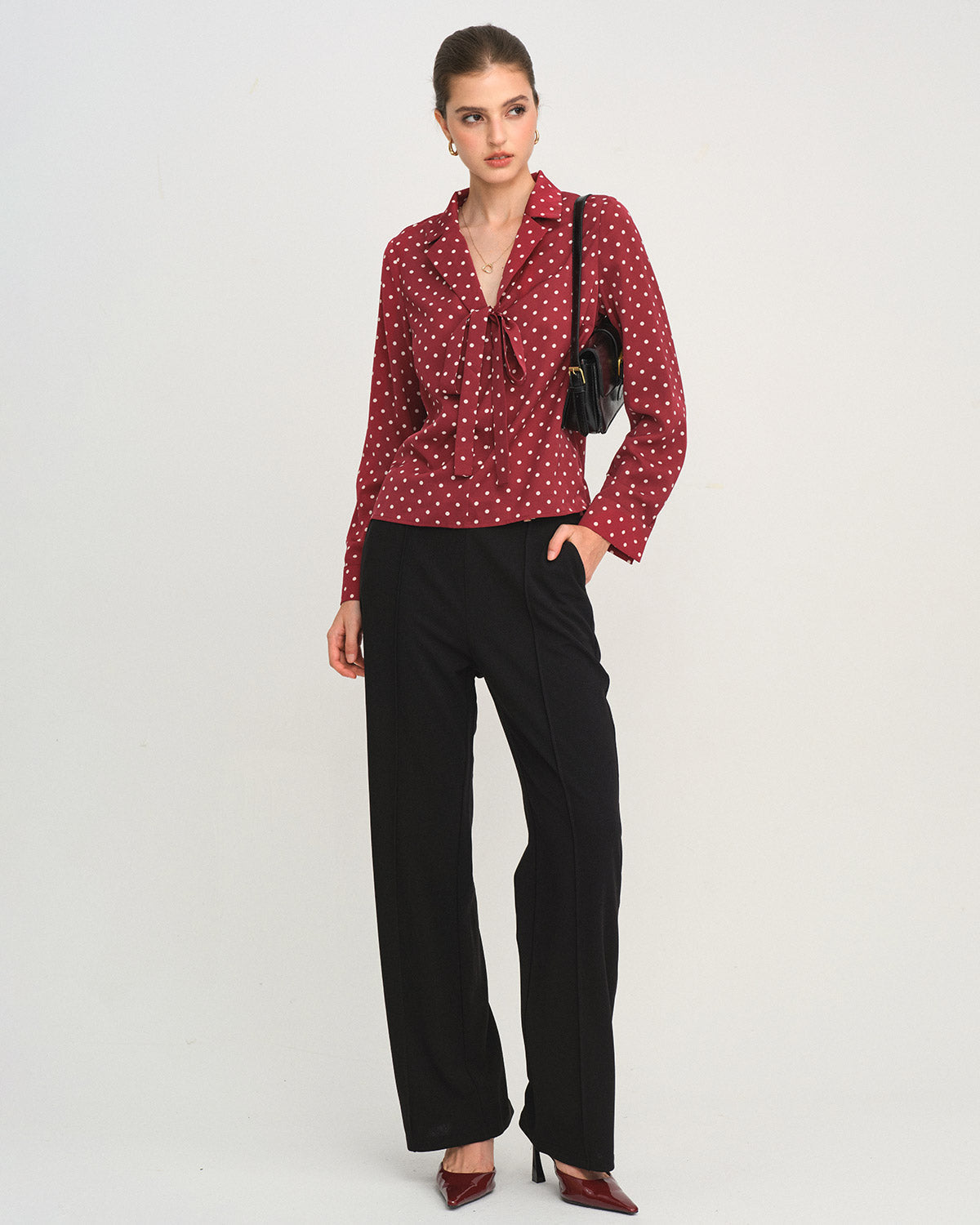 Red Polka Dot Tie Neck Shirt | Rihoas