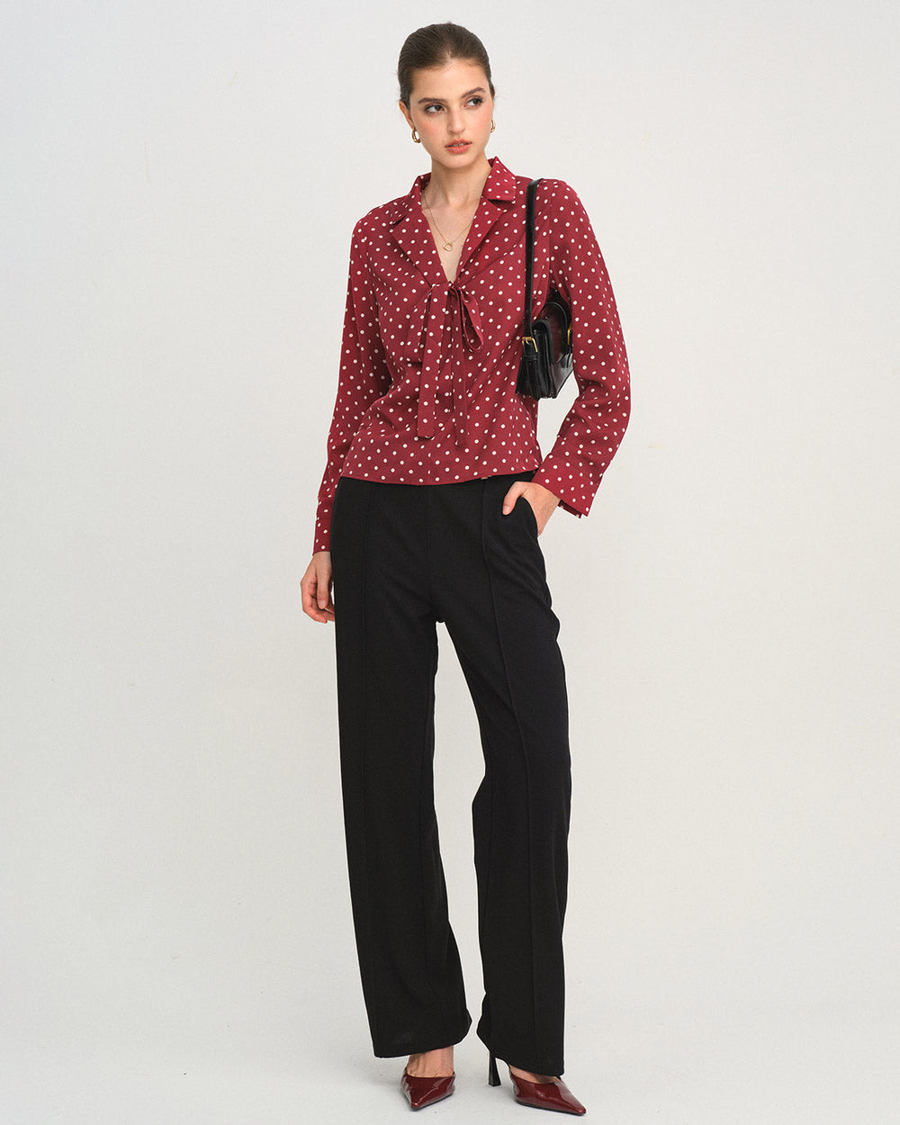 Red Polka Dot Tie Neck Shirt | Rihoas