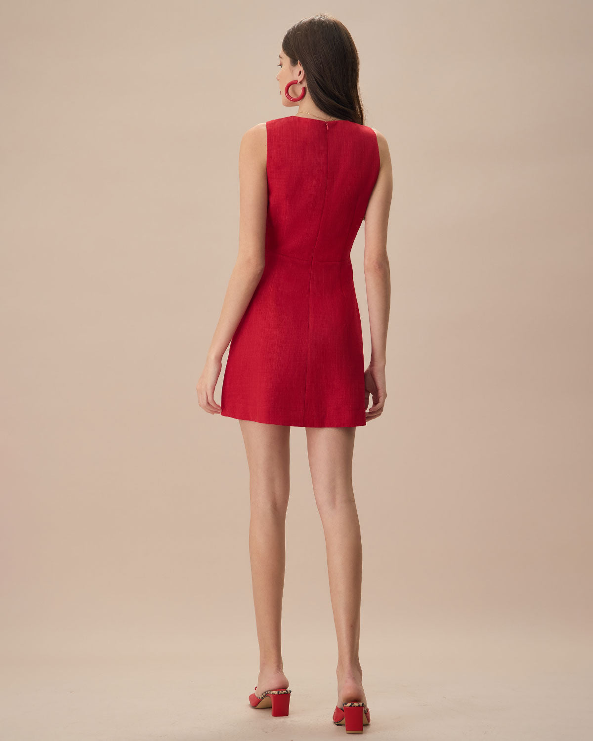 The Red V Neck Sleeveless Linen Mini Dress | Rihoas