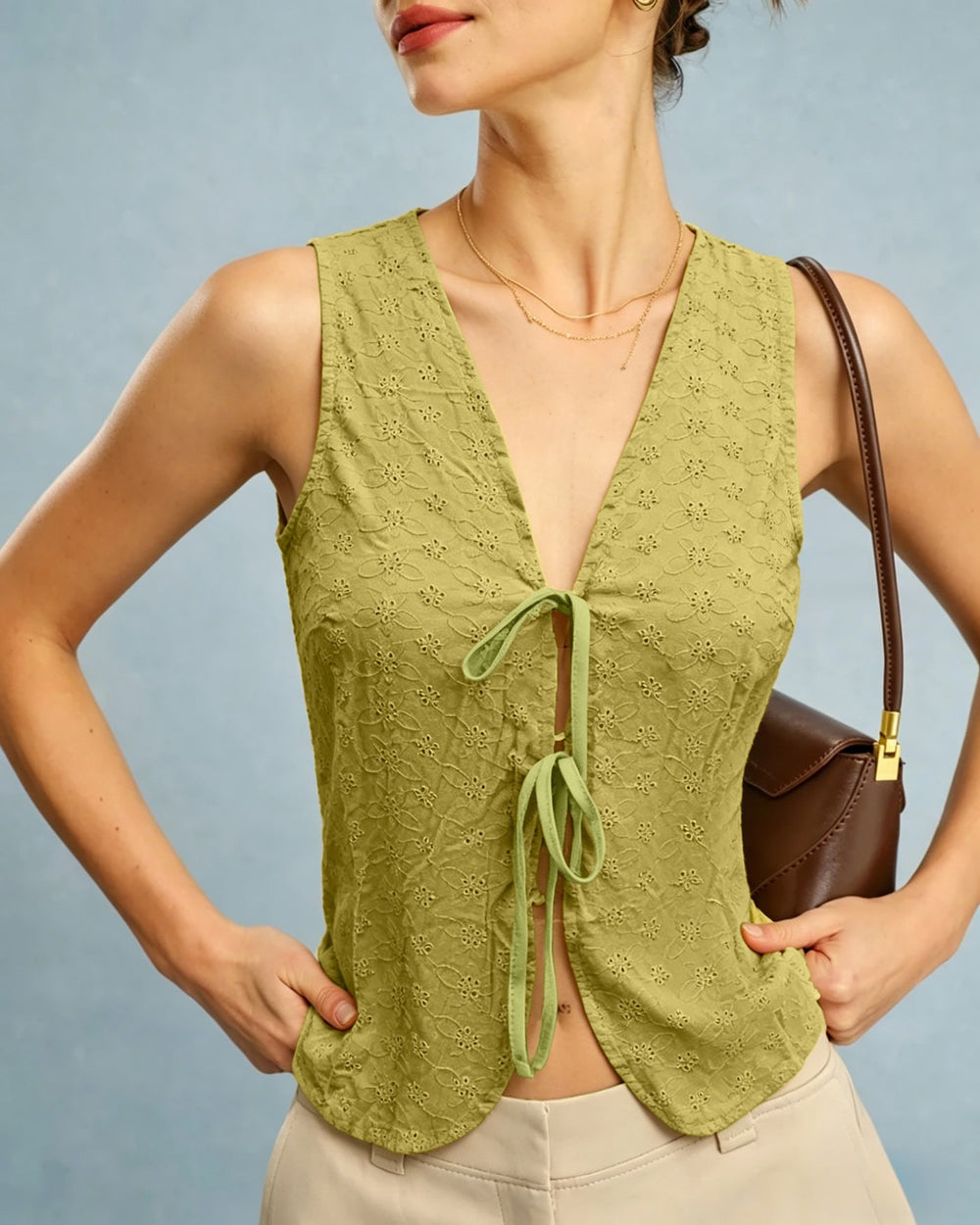 Green V Neck Floral Textured Vest | Rihoas