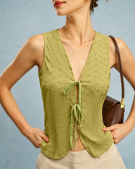 Green V Neck Floral Textured Vest | Rihoas