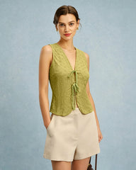 Green V Neck Floral Textured Vest | Rihoas