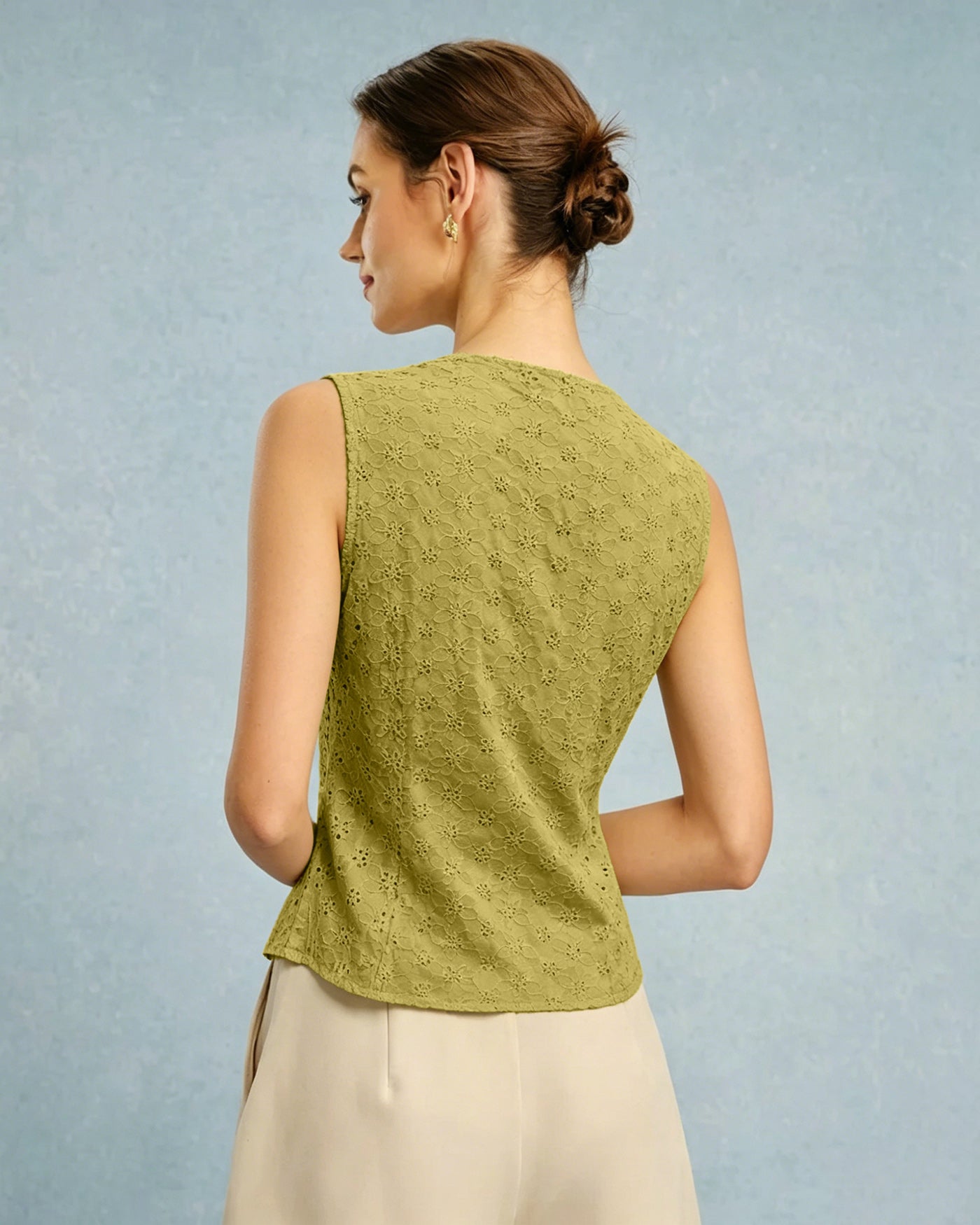 Green V Neck Floral Textured Vest | Rihoas